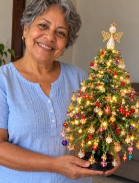 Cena ilustrativa de uma mulher segurando a árvore de Natal pronta e iluminada.