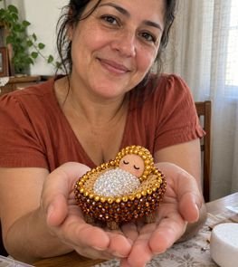 Cena ilustrativa de apresentação do Menino Jesus na manjedoura com acabamento em strass